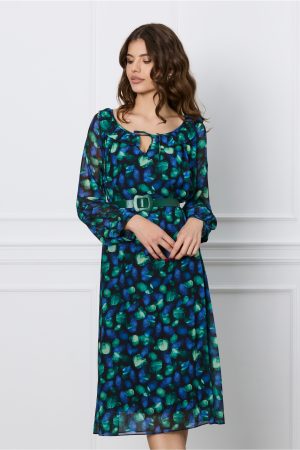 Rochie Mirena neagra cu imprimeuri verzi si curea in talie 1
