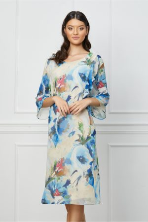 Rochie Miruna bej cu imprimeuri bleu 1