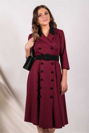 Rochie Miruna tip sacou rosie cu carouri negre si curea in talie 1