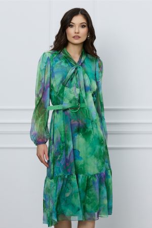 Rochie Miruna verde cu imprimeuri mov si curea in talie 1