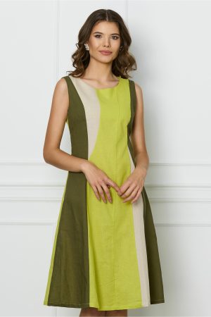 Rochie Miruna verde lime cu imprimeu kaki si bej 1