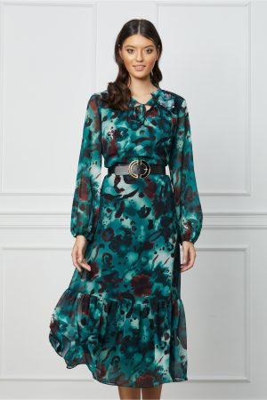 Rochie Misha neagra cu imprimeu turcoaz si curea in talie 1
