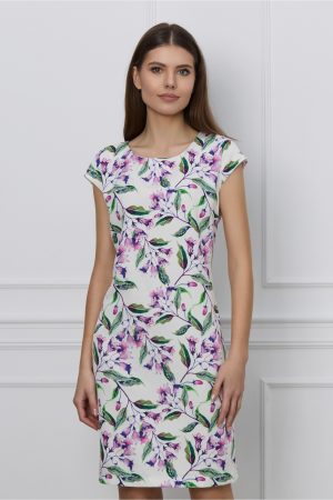 Rochie Mona alba cu imprimeuri florale mov 1
