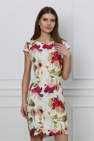 Rochie Mona alba cu imprimeuri florale rosii 1
