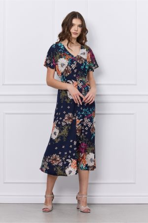 Rochie Mona bleumarin cu imprimeuri florale caramizii 1