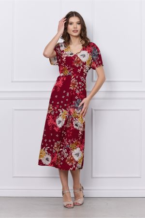 Rochie Mona bordo cu imprimeuri florale caramizii 1