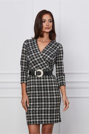 Rochie Mona neagra cu imprimeuri albe si curea in talie 1