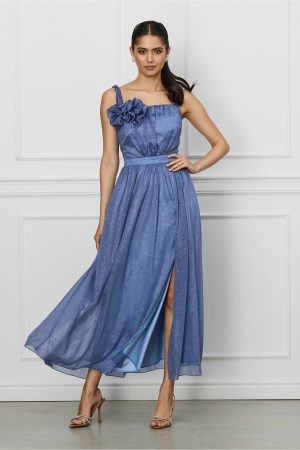 Rochie Moze albastra cu glitter si flori 3D la bust 1