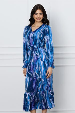 Rochie Moze albastra cu imprimeuri si nasturi decorativi pe bust 1