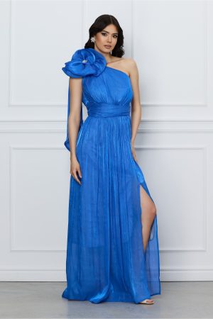 Rochie Moze albastra lunga cu floare maxi pe un umar 1