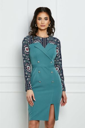 Rochie Moze albastru petrol cu imprimeu la bust si maneci 1
