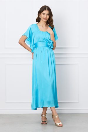 Rochie Moze bleu din satin cu floare in talie 1