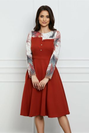 Rochie Moze caramizie cu imprimeu la bust si maneci 1