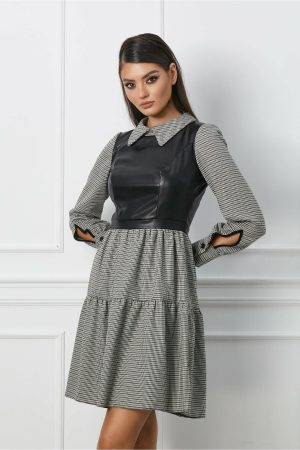 Rochie Moze cu imprimeu pepit gri din piele ecologica 1