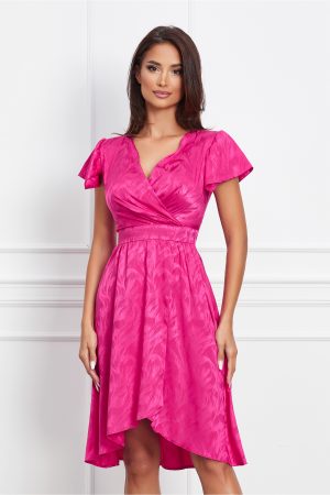 Rochie Moze fucsia din satin cu imprimeu discret si crepeu 1