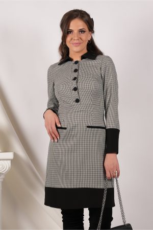 Rochie Moze gri cu imprimeu pepit si nasturi la bust 1