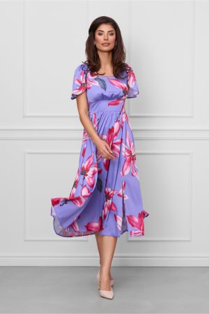 Rochie Moze lila cu imprimeuri florale fucsia 1