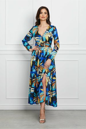 Rochie Moze lunga albastra cu imprimeu si crepeu pe fusta 1