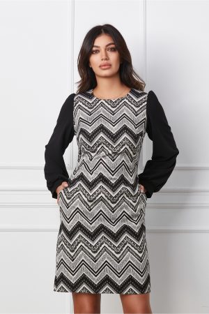 Rochie Moze neagra cu imprimeu in zigzag si insertii din lurex argintiu 1