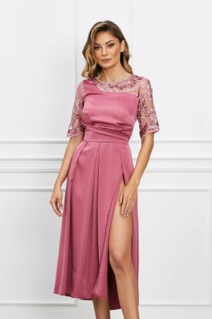 Rochie Moze roz din satin cu paiete la bust si maneci 1