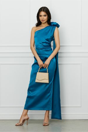 Rochie Moze turcoaz cu floare maxi pe un umar 1