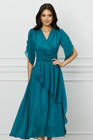 Rochie Moze verde petrol din voal cu volan pe fusta 1