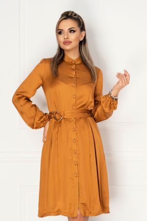 Rochie Pretty Girl mustar din vascoza cu cordon in talie si nasturi tip perla 1