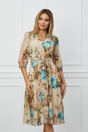 Rochie Natalia bej cu imprimeuri florale albastre si cordon in talie 1