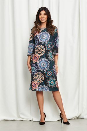 Rochie Natalia neagra cu imprimeuri orange si albastre 1