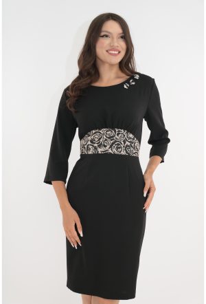 Rochie neagra cu insertii din brocart crem in talie 1