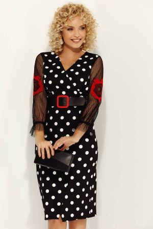 Rochie neagra midi cu buline albe si maneca din tul cu broderie florala si curea in talie Fofy 1