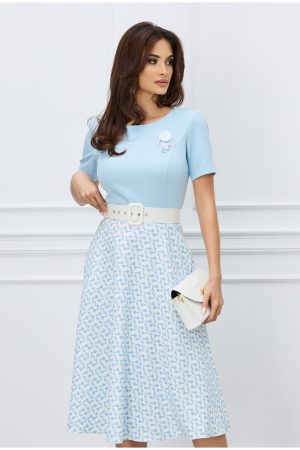 Rochie Nico bleu cu imprimeu pe fusta si curea in talie 1