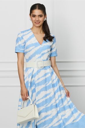 Rochie Oana bleu cu imprimeu alb si curea in talie 1