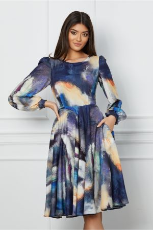 Rochie Oana bleumarin cu imprimeuri bej 1