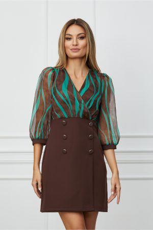 Rochie Oana maro cu imprimeu turcoaz la bust si nasturi pe fusta 1