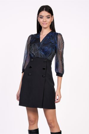 Rochie Oana neagra cu imprimeu albastru la bust si nasturi pe fusta 1