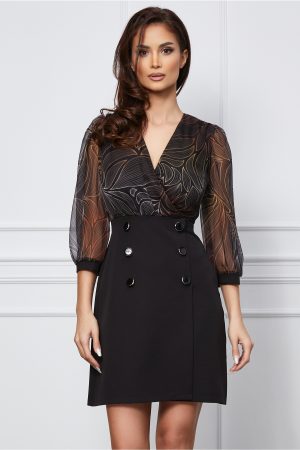 Rochie Oana neagra cu imprimeu bej la bust si nasturi pe fusta 1