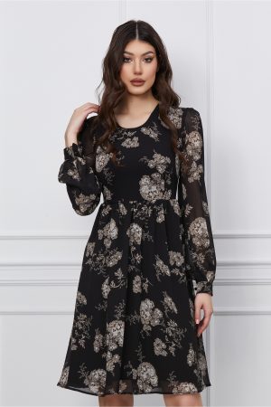 Rochie Oana neagra cu imprimeuri florale bej 1