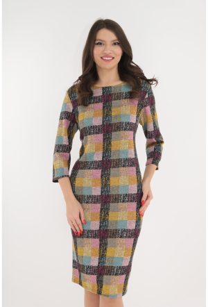 Rochie office din jerse cu patratele multicolore 1
