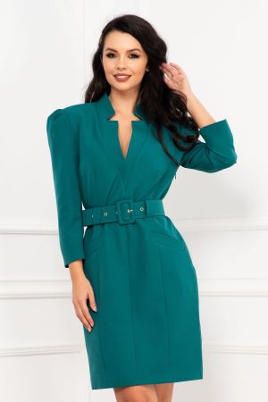 Rochie office eleganta verde dreapta cu centura in talie 1