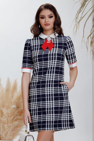 Rochie office Fofy in A imprimeu carouri si esarfa rosie 1