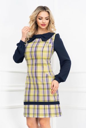 Rochie MBG office in carouri cu maneci si funda stilizata bleumarin 1