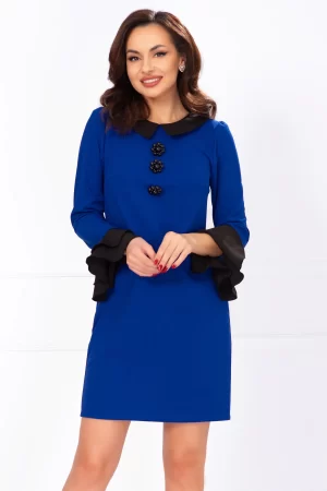 Rochie office Ivonne albastru royal cu guler si mansete negre 1
