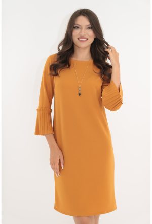 Rochie office mustar cu lantisor si volanase 1