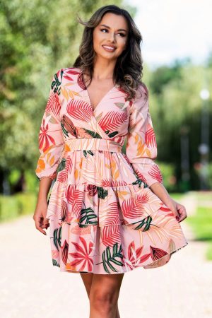 Rochie peach cu volanase si imprimeu frunze By InPuff 1