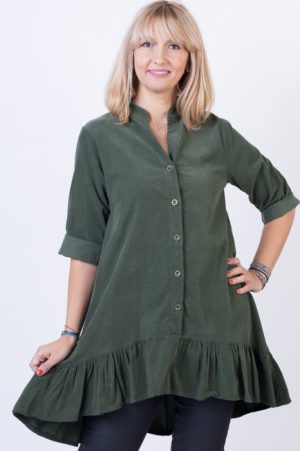 Rochie pentru colanti cu volan, din catifea reiata, kaki 1