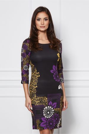 Rochie Pera neagra cu imprimeu galben-mov 1