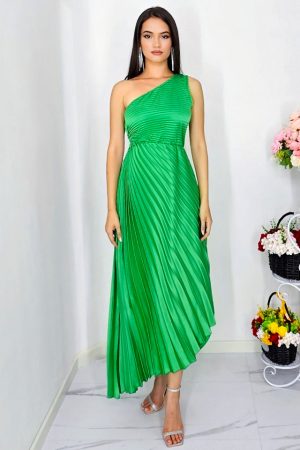 Rochie plisata asimetrica Elza, cu decupaj in zona taliei, Verde, Marime S/M 1