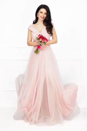 Rochie pretioasa Evelyn lunga roz eleganta din tulle cu strassuri 1