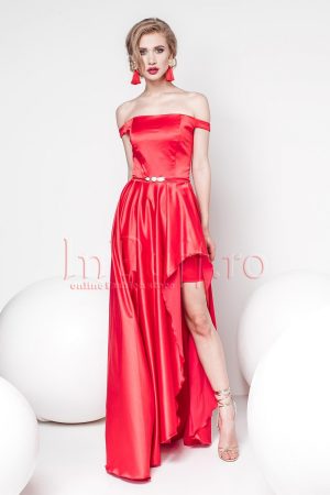 Rochie Pretty Girl eleganta rosie din tafta lasata pe umeri 1